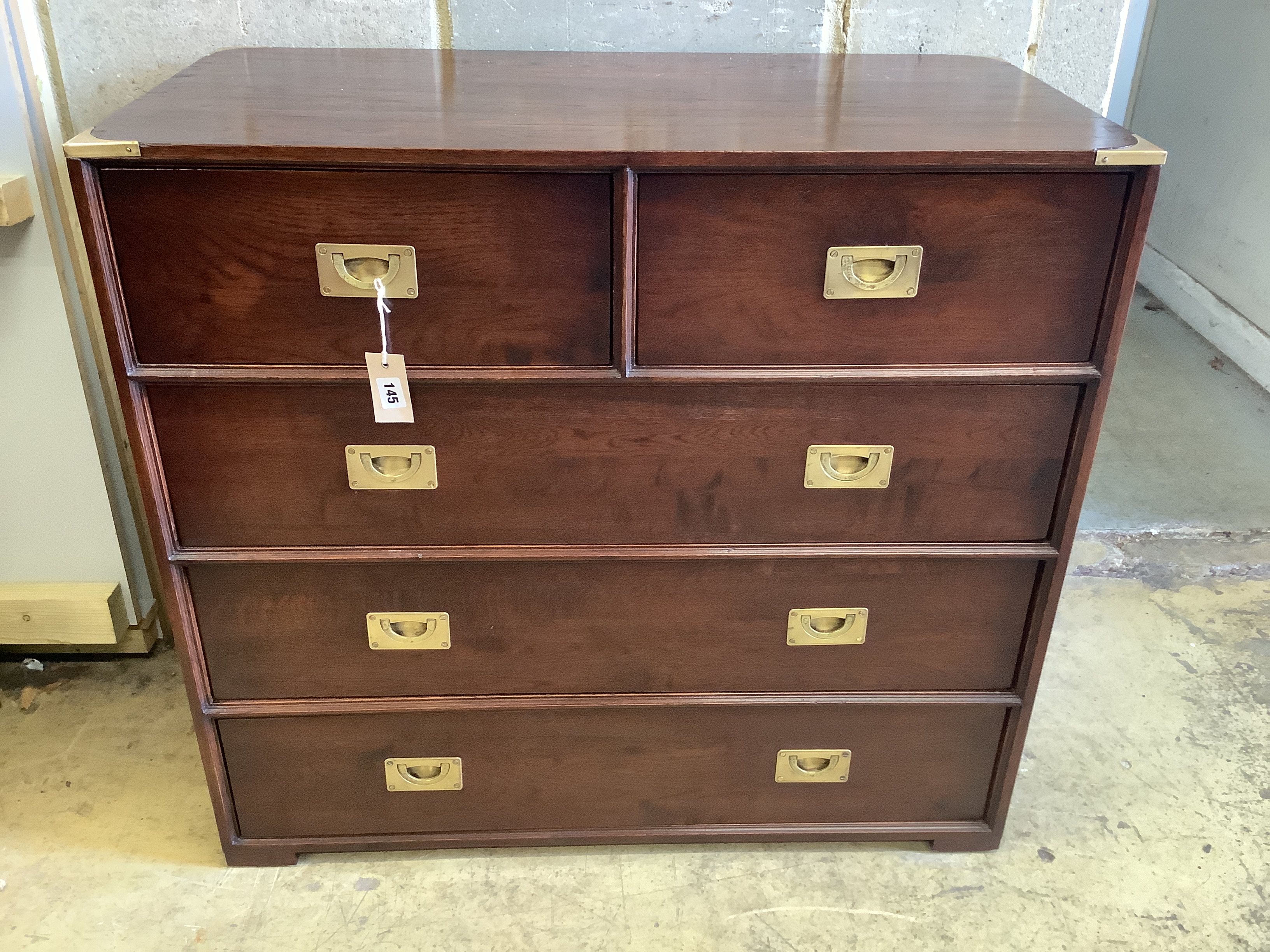 A military style brass mounted oak five drawer chest, width 91cm, depth 47cm, height 83cm